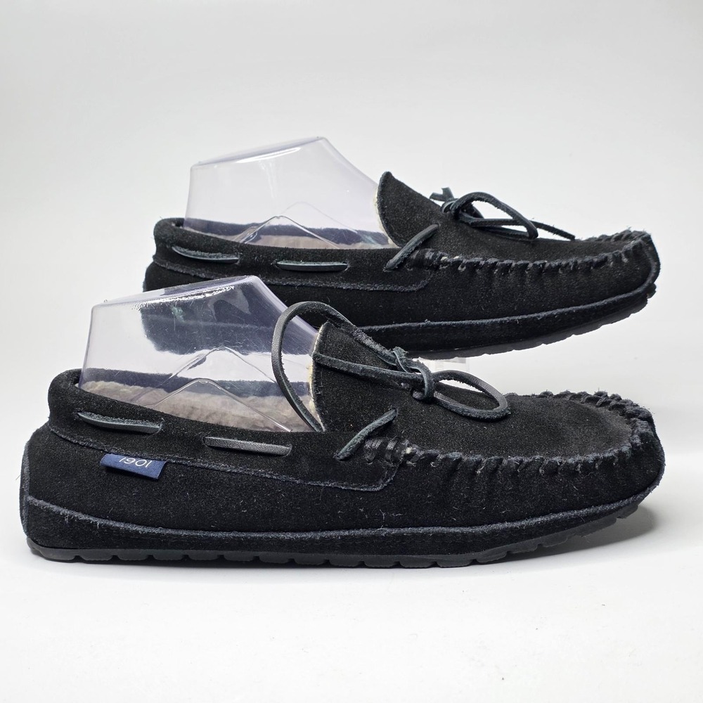 1901 MS Vancouver Men's Slippers Size 7 Black Suede Slip On Faux Fur Moccasin